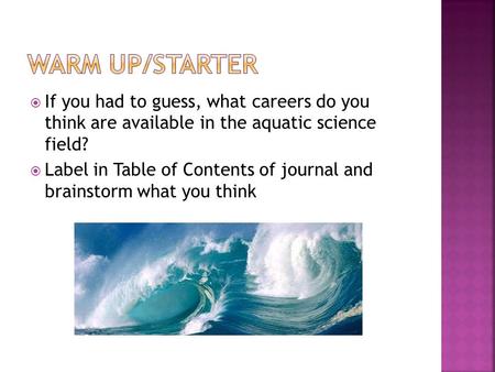  If you had to guess, what careers do you think are available in the aquatic science field?  Label in Table of Contents of journal and brainstorm what.