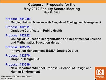 Mike Bailey, OSU Curriculum Council May 10, 2012 Proposal #82511: Graduate Certificate in Public Health Category I Proposals for the May 2012 Faculty Senate.