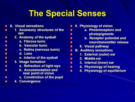 The Special Senses A. Visual sensations 1. Accessory structures of the eye 1. Accessory structures of the eye 2. Anatomy of the eyeball 2. Anatomy of the.