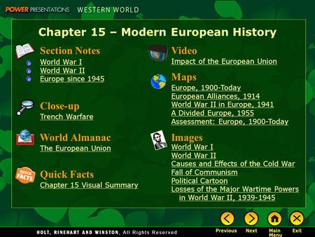 Chapter 15 – Modern European History Section Notes World War I World War II Europe since 1945 Video Impact of the European Union Images World War I World.