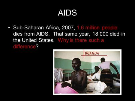 AIDS Sub-Saharan Africa, 2007, 1.6 million people dies from AIDS. That same year, 18,000 died in the United States. Why is there such a difference?