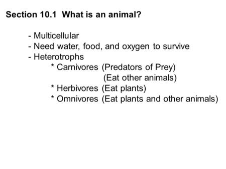 Section 10.1 What is an animal? - Multicellular - Need water, food, and oxygen to survive - Heterotrophs * Carnivores (Predators of Prey) (Eat other animals)