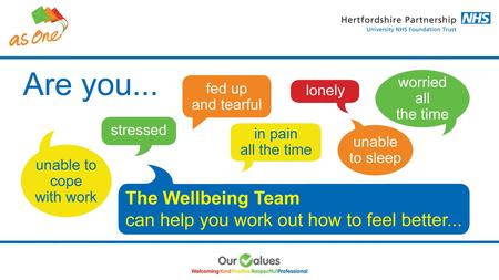 The NHS Wellbeing teams are designed to help people like you manage every day problems. It is part of the national Initiative “Improving Access to Psychological.