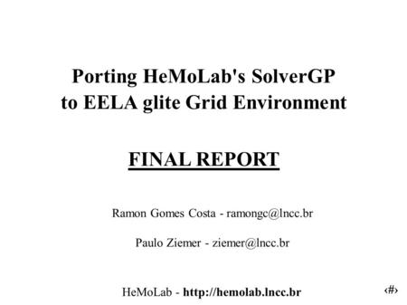 1 HeMoLab -  Porting HeMoLab's SolverGP to EELA glite Grid Environment FINAL REPORT Ramon Gomes Costa - Paulo Ziemer.