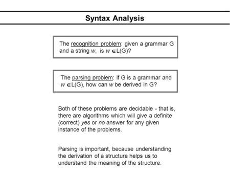 Syntax Analysis The recognition problem: given a grammar G and a string w, is w  L(G)? The parsing problem: if G is a grammar and w  L(G), how can w.