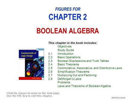 ©2004 Brooks/Cole FIGURES FOR CHAPTER 2 BOOLEAN ALGEBRA Click the mouse to move to the next page. Use the ESC key to exit this chapter. This chapter in.
