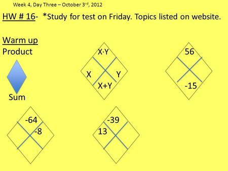HW # 16- * Study for test on Friday. Topics listed on website. Warm up Product X∙Y 56 XY X+Y-15 Sum -64 -39 -8 13 Week 4, Day Three – October 3 rd, 2012.