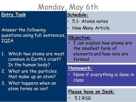 Monday, May 6th Entry Task Answer the following questions using full sentences, IQIA 1.Which two atoms are most common in Earth’s crust? In the human body?
