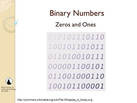 ©2010 Akula LLC, Jeremy R. Hertzberg, BS CMPE Binary Numbers Zeros and Ones