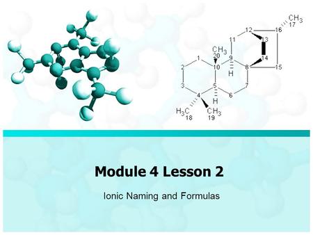 Module 4 Lesson 2 Ionic Naming and Formulas. Formulas Chemical formula – Shows kinds and numbers of atoms in smallest representative unit NaCl, H 2 O.