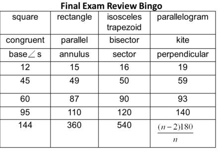 Final Exam Review Bingo squarerectangleisosceles trapezoid parallelogram congruentparallelbisectorkite base sannulussectorperpendicular 12151619 45495059.