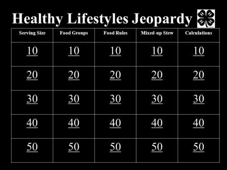 Healthy Lifestyles Jeopardy Serving SizeFood GroupsFood RulesMixed-up StewCalculations 10 20 30 40 50.