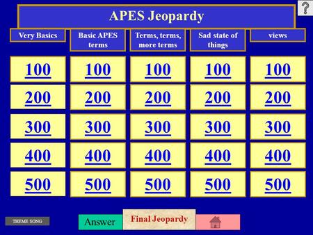 Question Answer APES Jeopardy 100 200 300 400 500 100 200 300 400 500 100 200 300 400 500 100 200 300 400 500 100 200 300 400 500 Very BasicsBasic APES.