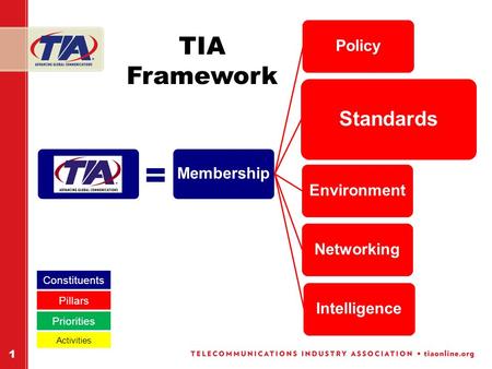 MembershipPolicy Standards EnvironmentNetworkingIntelligence 1 = Constituents Pillars Priorities Activities TIA Framework.