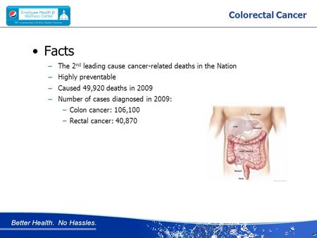 Better Health. No Hassles. Colorectal Cancer Facts – The 2 nd leading cause cancer-related deaths in the Nation – Highly preventable – Caused 49,920 deaths.