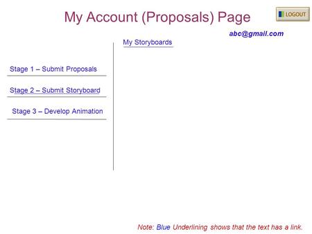 Stage 1 – Submit Proposals Stage 2 – Submit Storyboard Stage 3 – Develop Animation My Storyboards Note: Blue Underlining shows that the text.