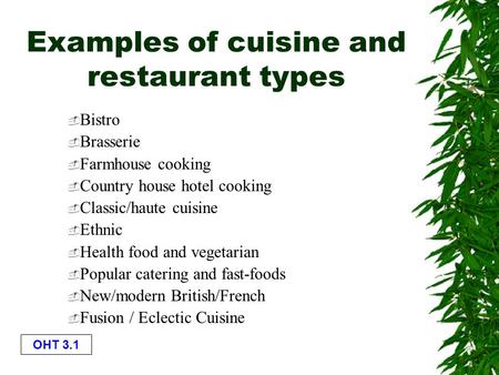 Examples of cuisine and restaurant types