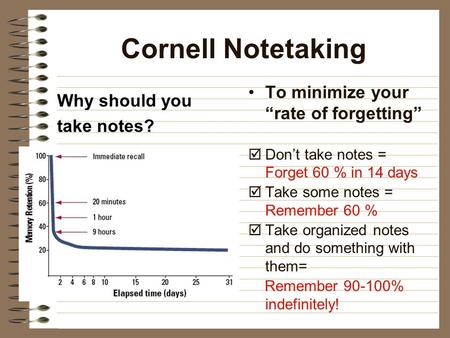 Cornell Notetaking Why should you take notes? To minimize your “rate of forgetting”  Don’t take notes = Forget 60 % in 14 days  Take some notes = Remember.