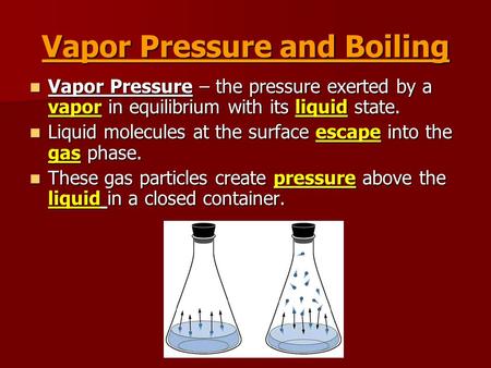 Vapor Pressure and Boiling Vapor Pressure – the pressure exerted by a vapor in equilibrium with its liquid state. Vapor Pressure – the pressure exerted.