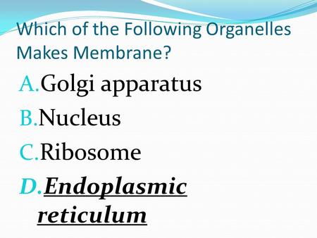 Which of the Following Organelles Makes Membrane? A. Golgi apparatus B. Nucleus C. Ribosome D. Endoplasmic reticulum.