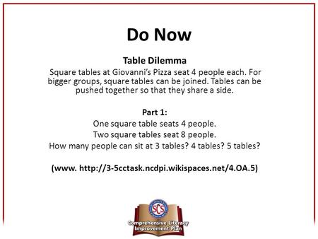 Do Now Table Dilemma Square tables at Giovanni’s Pizza seat 4 people each. For bigger groups, square tables can be joined. Tables can be pushed together.