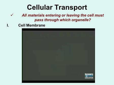 Cellular Transport All materials entering or leaving the cell must pass through which organelle?  Cell Membrane.