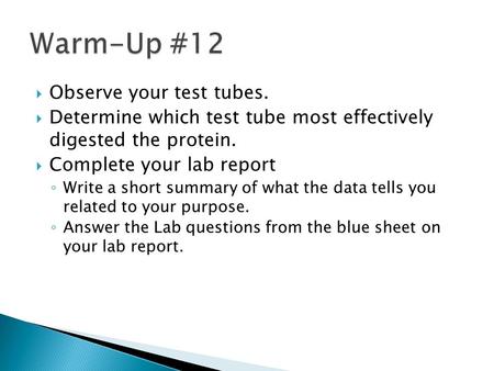  Observe your test tubes.  Determine which test tube most effectively digested the protein.  Complete your lab report ◦ Write a short summary of what.