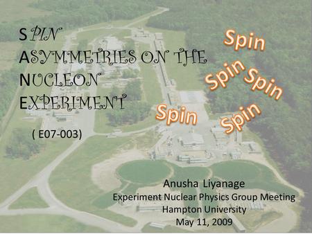 S PIN A SYMMETRIES ON THE N UCLEON E XPERIMENT ( E07-003) Anusha Liyanage Experiment Nuclear Physics Group Meeting Hampton University May 11, 2009.