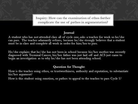 Journal A student who has not attended class all of cycle one, asks a teacher for work so he/she can pass. The teacher adamantly refuses, because he/she.