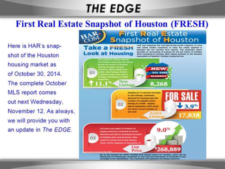 First Real Estate Snapshot of Houston (FRESH) Here is HAR’s snap- shot of the Houston housing market as of October 30, 2014. The complete October MLS report.