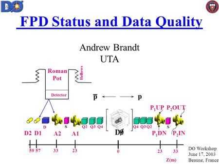 FPD Status and Data Quality Andrew Brandt UTA Q4 D S Q3S A1A2 P 1 UP p p Z(m) D1 Detector Bellows Roman Pot 233359 33230 57 P 2 OUT Q2 P 1 DN P 2 IN D2.