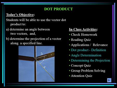 DOT PRODUCT In-Class Activities: Check Homework Reading Quiz Applications / Relevance Dot product - Definition Angle Determination Determining the Projection.