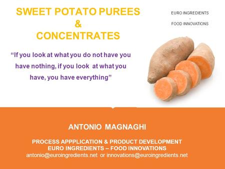 Company Name Here SWEET POTATO PUREES & CONCENTRATES “If you look at what you do not have you have nothing, if you look at what you have, you have everything”