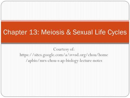 Chapter 13: Meiosis & Sexual Life Cycles Courtesy of: https://sites.google.com/a/svvsd.org/chou/home /apbio/mrs-chou-s-ap-biology-lecture-notes.