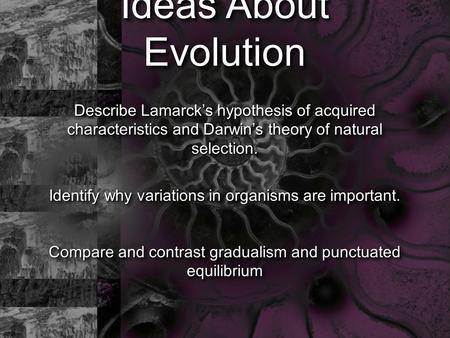 Ideas About Evolution Describe Lamarck’s hypothesis of acquired characteristics and Darwin’s theory of natural selection. Identify why variations in organisms.