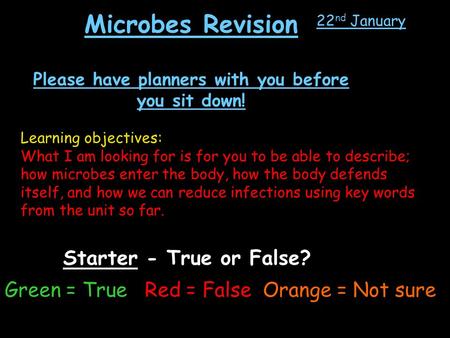 Microbes Revision Please have planners with you before you sit down! 22 nd January Learning objectives: What I am looking for is for you to be able to.