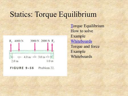 Statics: Torque Equilibrium TTorque Equilibrium How to solve Example Whiteboards Torque and force Example Whiteboards.