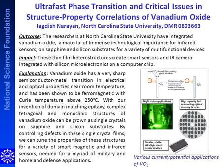 National Science Foundation Ultrafast Phase Transition and Critical Issues in Structure-Property Correlations of Vanadium Oxide Jagdish Narayan, North.