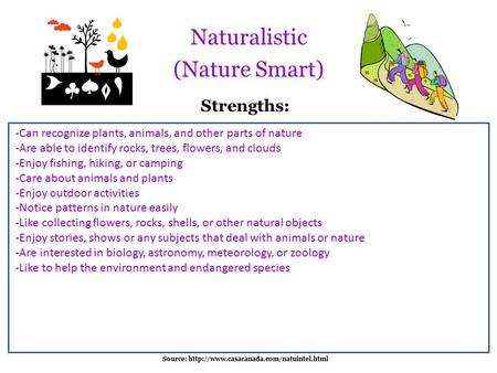 Naturalistic (Nature Smart) -Can recognize plants, animals, and other parts of nature -Are able to identify rocks, trees, flowers, and clouds -Enjoy fishing,