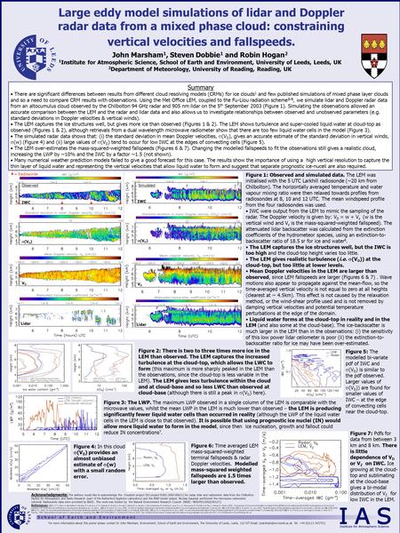 Large eddy model simulations of lidar and Doppler radar data from a mixed phase cloud: constraining vertical velocities and fallspeeds. John Marsham 1,