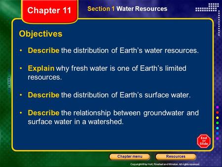 Copyright © by Holt, Rinehart and Winston. All rights reserved. ResourcesChapter menu Section 1 Water Resources Objectives Describe the distribution of.