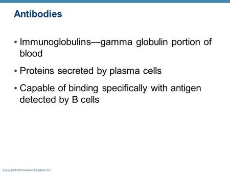 Copyright © 2010 Pearson Education, Inc. Antibodies Immunoglobulins—gamma globulin portion of blood Proteins secreted by plasma cells Capable of binding.
