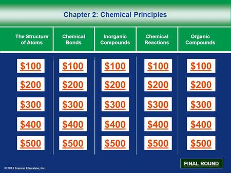 © 2013 Pearson Education, Inc. Chapter 2: Chemical Principles $100 $200 $300 $400 $500 $100$100$100 $200 $300 $400 $500 The Structure of Atoms Chemical.
