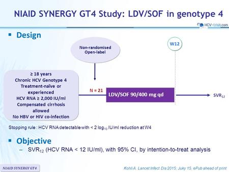 LDV/SOF 90/400 mg qd Non-randomised Open-label N = 21 W12 SVR 12 NIAID SYNERGY GT4 Kohli A. Lancet Infect Dis 2015; Juky 15, ePub ahead of print ≥ 18 years.