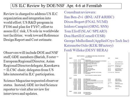 US ILC Review by DOE/NSF Apr. 4-6 at Fermilab Consultant reviewers: Ilan Ben-Zvi (BNL/ATF &RHIC) Dixon Bogert (FNAL/NUMI) Isidoro Campisi (ORNL/SNS) Tom.