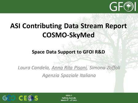 Laura Candela, Anna Rita Pisani, Simona Zoffoli Agenzia Spaziale Italiana ASI Contributing Data Stream Report COSMO-SkyMed Space Data Support to GFOI R&D.