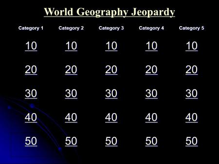 World Geography Jeopardy Category 1 Category 2 Category 3 Category 4 Category 5 10 20 30 40 50.