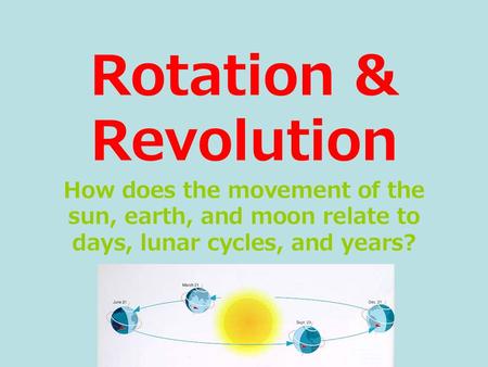 Rotation & Revolution How does the movement of the sun, earth, and moon relate to days, lunar cycles, and years?