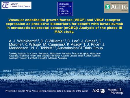 Vascular endothelial growth factors (VEGF) and VEGF receptor expression as predictive biomarkers for benefit with bevacizumab in metastatic colorectal.