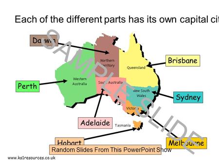www.ks1resources.co.uk Each of the different parts has its own capital city. Adelaide SydneyBrisbanePerth Melbourne Hobart Darwin SAMPLE SLIDE Random.